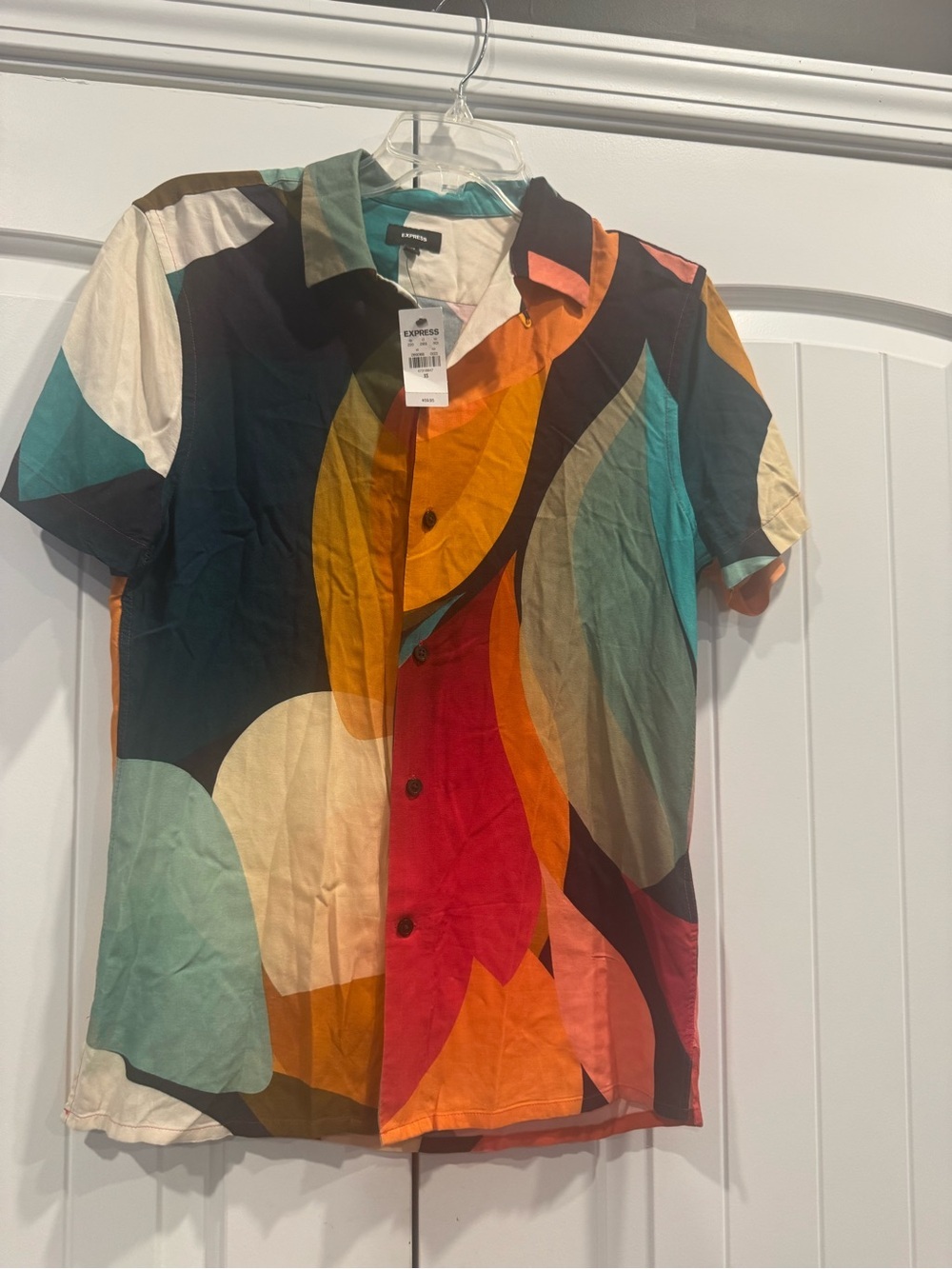 Express Abstract Multicolor Short-Sleeve Button Front Top - Picture 4 of 5